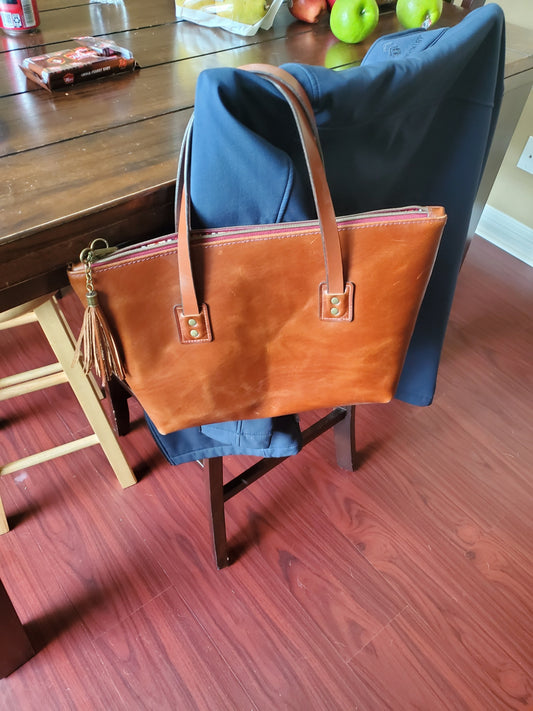 Leather Tote with Pockets and Zipper Closure